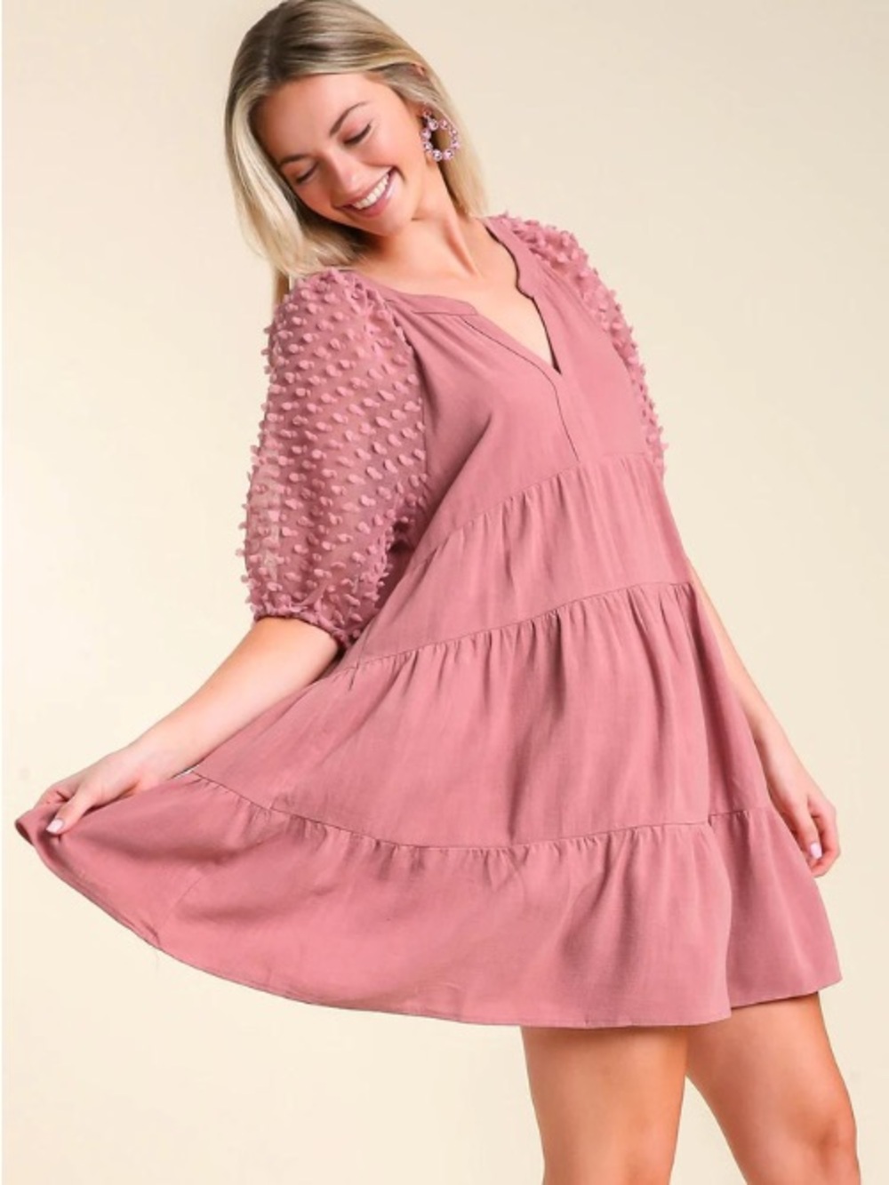 Umgee EUC Dusty Rose Textured Puff Sleeve Tiered Mini Dress